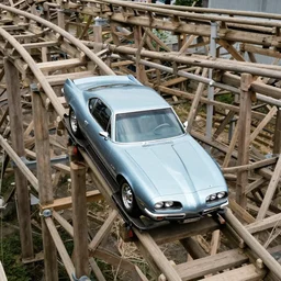 a 1 9 6 6 pontiac gto driving on a wooden rollercoaster, overhead shot, fujifilm quicksnap 4 0 0 photography