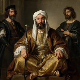 masterpiece al-Khwarizmi, by Eugène Delacroix and Francis Bacon and Caravaggio, artistic, realistic fantasy, aesthetic, establishing shot, 8k resolution, dramatic lighting