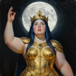 painting of junoesque plus size priestess of the moon, golden filigree armor and tiara, hand raised, moon above head, dark blue straight hair, smooth translucent skin, wide striking eyes, beautiful! coherent! by brom, by brian froud, strong line, high contrast, muted color, 4 k, trending on artstation