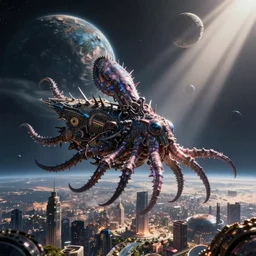 a spiky eldritch imperial squid space ship leviathan travelling near a huge city on a planet by Marek Okon, god rays, fantasy art, 4k, HDR, photorealistic, 8k, trending on artstation