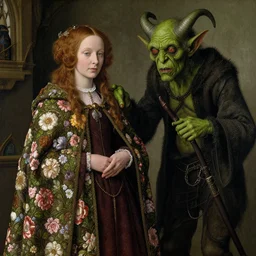 a woman wearing a cloak of flowers, standing next to a creepy old green-horned goblin man, by Jan van Eyck
