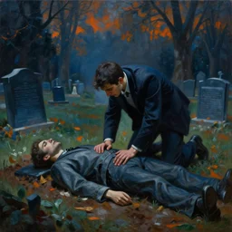 one man in a cemetery digging up a dead body, by nicola samori, painting, 8 k, high detail, medium blue, orange, and dark green tones, high quality, sad feeling, high detail, dark colors, sinister atmosphere, dramatic lighting, cinematic, establishing shot, extremely high detail, photo realistic, cinematic lighting, album cover
