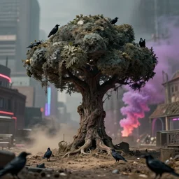 tilt shift, 1 9 1 2 wwi, cumulonimbus tree in a city, crows, dirt and dust, mold, behind, neon smoke, film still 3 5 mm, 3 2 k, colorized photo, dystopian environment, intricate, highly detailed movie, artstation, concept, smooth, sharp focus, artgerm