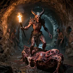 airbrush baphomet & bueur, sewage tunnels with primitive flesh raft, of rotten flesh, syd mead, enric torres, hyper realism, narrative light, muted colors, epic, hyper detailed, awe inspiring, award winning horror, torch lighting, hyper realism, cinematical