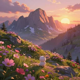 a flowery unreal mountain scenery, sunset, cartoon, cute, artstation, digital art.