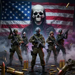 police raid military bullets skulls weapons american flag smoke scariest horror nightmare by pushead, junji ito and horiyoshi iii, digital art, deepdream cosmic, 3 d high definition, trending on artstation, photorealistic, 8 k, octane, trending on deviantart elegant trend, highly detailed unreal engine