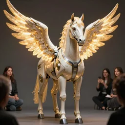 a stunning ultra detailed fantasy fine art full body portrait photo of a robot horse with glowing wings, by artgerm, karol bak and lisa holloway photography, full body shot, golden ratio composition, deep depth of field, perfect eyes and face, cyberpunk, soft lighting, artstation, 8 k
