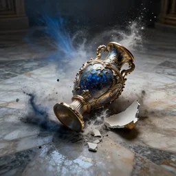 An ornate baroque vase breaking on the marble tile floor, exploding into dust, dark-blue light-blue gold silver white black beige, volumetric dust rays, intricate detail, ultra realistic, cinematic lighting, moody, wet, shiny