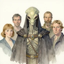a simple and atmospheric watercolour portrait of a pulp sci - fi alien emperor, very muted colors, by rebecca guay, michael kaluta, charles vess and jean moebius giraud