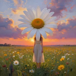 giant daisy as head, full body girl standing in a flower field, surreal photography, sunrise, dramatic light, impressionist painting, colorful clouds, digital painting, artstation, simon stalenhag