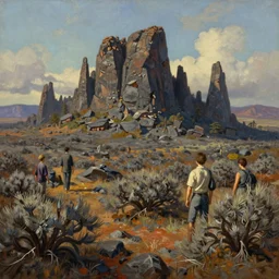 scorched shrublands, jagged stone spires, extremely detailed oil painting, unreal 5 render, rhads, sargent and leyendecker, savrasov levitan polenov, bruce pennington, studio ghibli, tim hildebrandt, digital art, landscape painting, octane render, beautiful composition, trending on artstation, award winning photograph, masterpiece