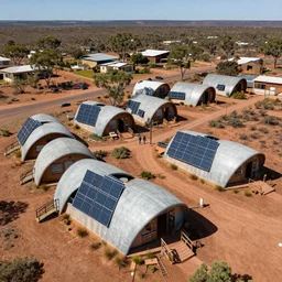 village of beautiful earthships in the australian outback, parks, recreation, solar power, high technology, biomimetic, urban planning, XF IQ4, 150MP, 50mm, F1.4, ISO 200, 1/160s, natural light