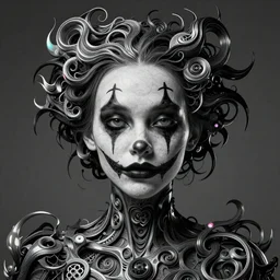 portrait clown girl. intricate abstract. intricate artwork. nightmare fuel. terrifying. by Tooth Wu, wlop, beeple, dan mumford. octane render, trending on artstation, greg rutkowski very coherent symmetrical artwork. cinematic, hyper realism, high detail, octane render, 8k, iridescent accents, black and white