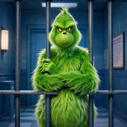 The Grinch in maximum security prison behind bars, movie poster, indoors, highly detailed, portrait, 8k, smooth