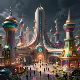 hyperdetailed concept art of a elaborate sprawling future colorful museum, large towers, multiple levels, busy, tourists, very detailed, volumetric lighting, moody, ambiance