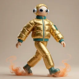 a single striding slender figurine of a tall giant inflated space woman wearing over sized gold teal puffy bomber jacket, long bendy arms and legs, googly eyes, tareme eyes, small head, personification, dynamic pose, detailed product photo, tone mapped, beautiful composition, orange mist swirling at feet, 8 5 mm, f 5. 8