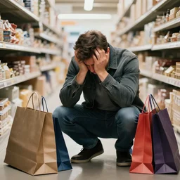 man depressed by the high interest purchases he made, stylized, realism