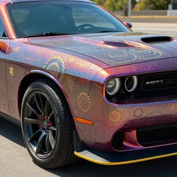 a dodge challenger with intricate gear etchings, high detail, bright lighting, colorful, 8 k