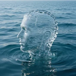water artwork manipulation in the shape of a human head, on the ocean water, ray tracing, realistic water sharp focus, long shot, 8 k resolution, cinematic, surreal