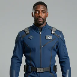 portrait of a man by greg rutkowski, he looks like idris elba, wearing futuristic blue military fatigues, scifi, sharp foccus, artstation hq.