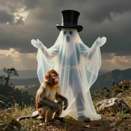 vintage photo of a fancy transparent ghost in a top hat posing with a monkey