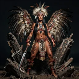 editorial full body photo portrait of beautiful and strong Maori warrior princess souronded with the destruction, warrior body, feathers and paint, photo by mario testino, cinematic, hyper detailed, micro details, insanely detailed, trending on artstation,dark background, dramatic lighting, cinematic angle, concept art, insanely detailed and intricate