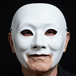 high contrast studio close - up portrait of a wrinkled old man wearing a pulcinella mask, clear eyes looking into camera, baggy clothing and hat, backlit, dark mood, nikon, photo by herb ritts, masterpiece