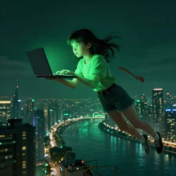 digital art of a young girl floating through a cityscape near a river high in the air with a laptop in her left hand, eyes glowing green in a dark room, highly detailed, beautiful, neon green lighting