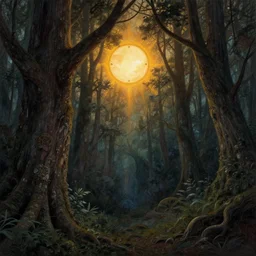 revenant of the forest | solar eclipse background | tree foreground, concept art, trending on artstation, wlop, ross draws, digital painting, mixed media, intricate details,