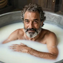 handsome middle aged man bathing in milk