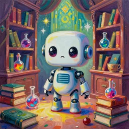 colorful sharp painting, a cute humanoid robot is standing in a magicians library with magic books, potions, magical, medieval, atmospheric, juxtapoz, artforum, gary baseman, preston blair, tex avery, dan mumford, pedro correa - w 7 0 4