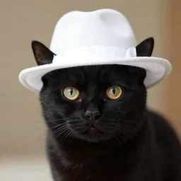 a black cat wearing a white hat