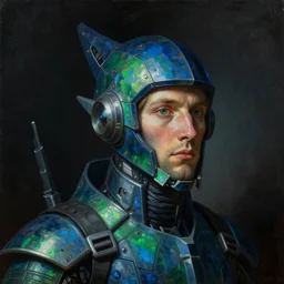 a close - up renaissance portrait of a fisherman wearing iridescent gear. angular futuristic sci - fi features.. deep blue and green tones. gloomy dark black background. highly detailed fantasy science fiction portrait painting by norman rockwell, moebius, eyvind earle, frank frazetta, and syd mead. rich colors, high contrast. artstation