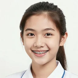 close up portrait of a thai girl with braces, smiling, short hair with a ponytail, courtroom sketch
