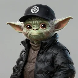 Yoda wearing a black puffer jacket, wearing a baseball cap, elegant, digital painting, concept art, smooth, sharp focus, illustration, from StarCraft by Ruan Jia and Mandy Jurgens and Artgerm and William-Adolphe Bouguerea