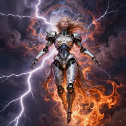 The goddess of lightning is descending from sky. By (Rembrandt painting(100)(fractal flame)), psychedelic, mech, pearlized, highly detailded