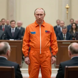 vladimir putin wearing an orange jumpsuit on trial for war crimes court drawing