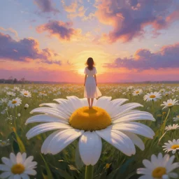 standing in giant daisy flower, full body girl standing in a flower field, surreal photography, sunrise, dramatic light, impressionist painting, colorful clouds, digital painting, artstation, simon stalenhag