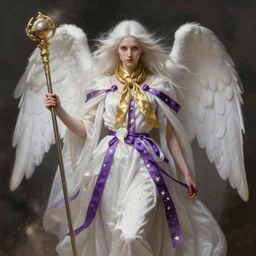 an angel with long light white hair and a gold scarf, windy, cape, purple ribbons, stars, stoic, modern maximalist fashion dress, is ( ( holding a staff ) ). light dust, magnificent, hyperdetailed, theatrical, painted by jean honore fragonard and greg rutkowski and joseph christian leyendecker