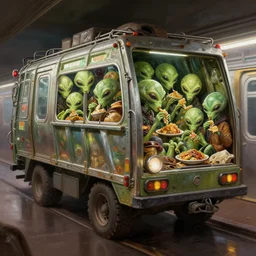 dieselpunk detail painting of subway garbage car full of aliens eating old food, deep displacement, back light, reflections, raytracing, raymarching, subsurface scattering, digital art, painted by alan lee