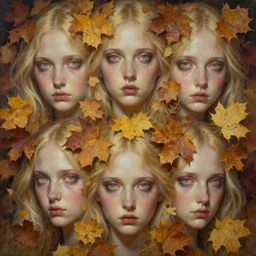 breathtaking detailed concept art painting pattern of blonde faces goddesses amalgamation autumn leaves with anxious piercing eyes, by hsiao - ron cheng and james jean, bizarre compositions, exquisite detail, extremely moody lighting, 8 k