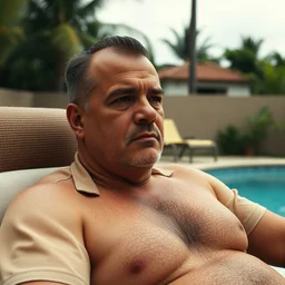 film still of shaved viktor orban playing shaved pablo escobar, sitting in a chair next to a pool, clean shaved face, 8 0's columbia, a scene from tv series narcos, narcos scene, hd, 4 k