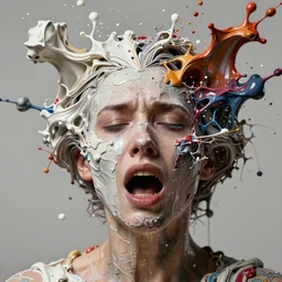 still shot close up footage of the portrait of a female head exploding and disintegrating into acrylic pour and splashing paint and dripping paint, thick impasto paint, embossed paint, big flying chunks of paint, painful emotions, motion blur, hyperrealistic, medical, intricate art photography, anatomically correct, realistic crisp textures, 1 6 k