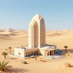 big scale toy hotel in the dessert, 3 d cubism