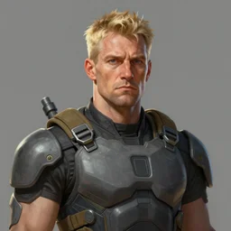 Portrait of a man by Greg Rutkowski, he is about 60 years old, short blond hair, athletic and strong, straight jaw, wearing a futuristic tactical gear, expression of determination with weariness and resignation, older brother vibes, highly detailed portrait, digital painting, artstation, concept art, smooth, sharp foccus ilustration, Artstation HQ.