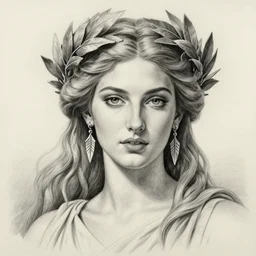 pencil drawing of a beautiful greek goddess aphrodite wearing a laurel wreath and arrowhead earrings, beautiful and confident eyes, beautiful flowing hair, hyper realistic face, fantasy, amazing detail, epic, elegant, smooth, sharp focus, from the front, long shot