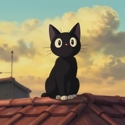 a wholesome animation key shot of a black cat seated on top of a roof with tiles, medium shot, studio ghibli, pixar and disney animation, sharp, rendered in unreal engine 5, anime key art by greg rutkowski, bloom, dramatic lighting, golden hour, very warm colors