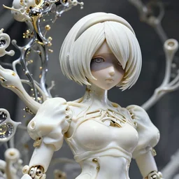 infinitely detailed ultra sharp portrait of a beautiful well contoured porcelain ivory nier automata!, artstation!! detailed elegant clothes, up close shot, sharp focus, global illumination, ambient lighting pixiv!! scenery art, biomechanical white silver gold vaporwave rhizomorphs headdress, dream texture, alexandre ferra, irakli nadar, alexander mcqueen, nier automata render 4 k