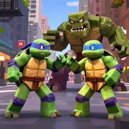 teenage mutant ninja turtles as minecraft characters fighting shredder in the streets of new york
