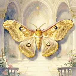 faerie hawkmoth in the palace courtyard. this watercolor and gold leaf work by the award - winning mangaka has a beautiful composition and intricate details.